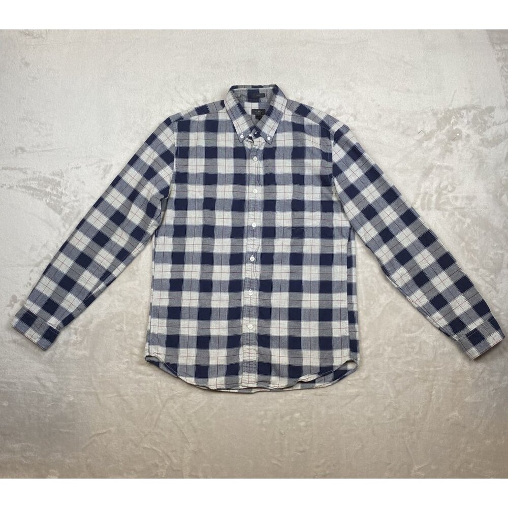 J.Crew Mens Slim Fit Oxford Shirt Plaid Navy White Red Medium 100% Cotton